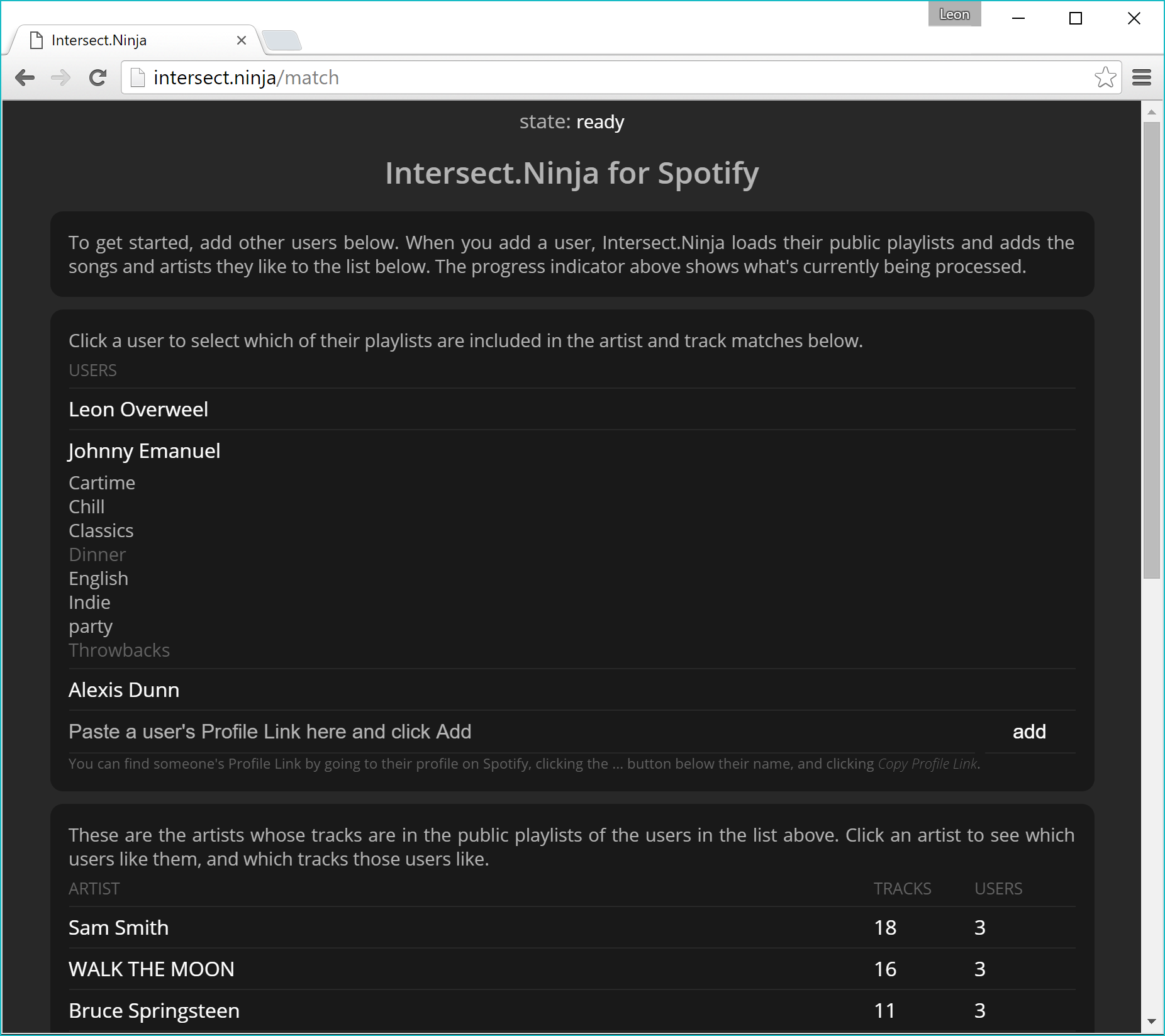 The playlist selection interface for Intersect.Ninja.