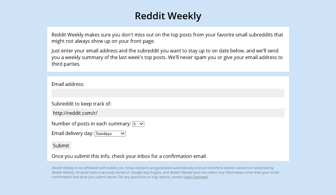 The Reddit Weekly landing page