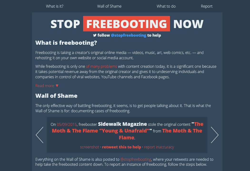 The homepage for Stop Freebooting Now.