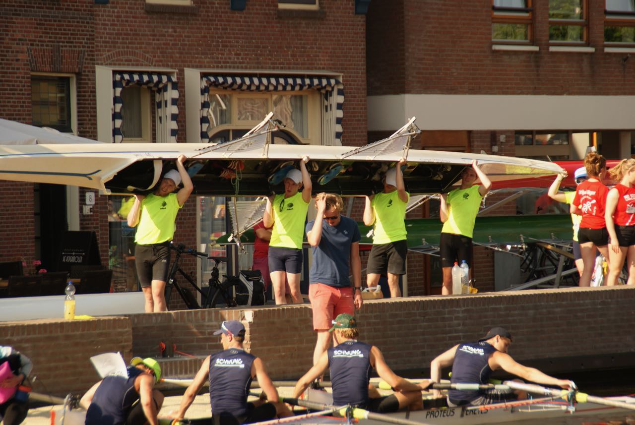 Putting the boat back in the water at Leidschendam.