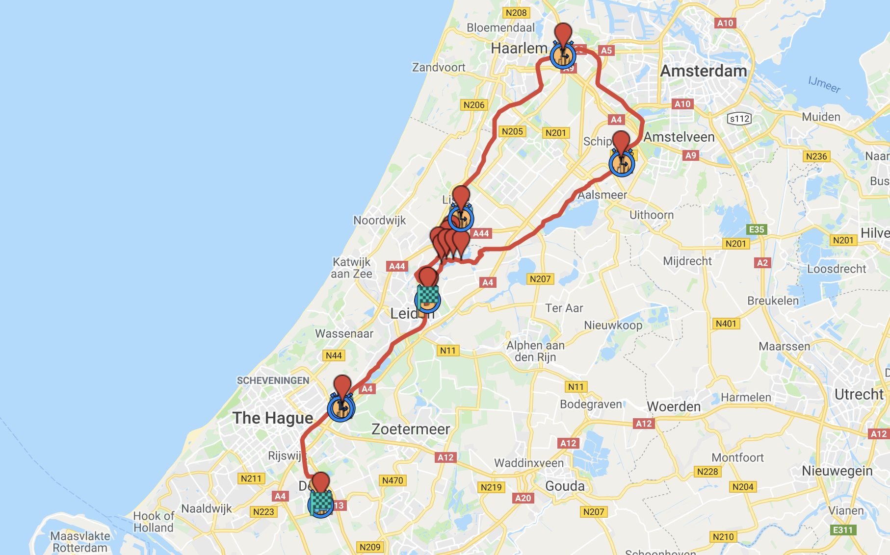 The route of the 2018 Ringvaart, starting in Leiden and passing by Schiphol, Amsterdam, Haarlem, Kaag, Leiden and Leidschendam, and finishing in Delft. (Google Maps; route description; archived version)