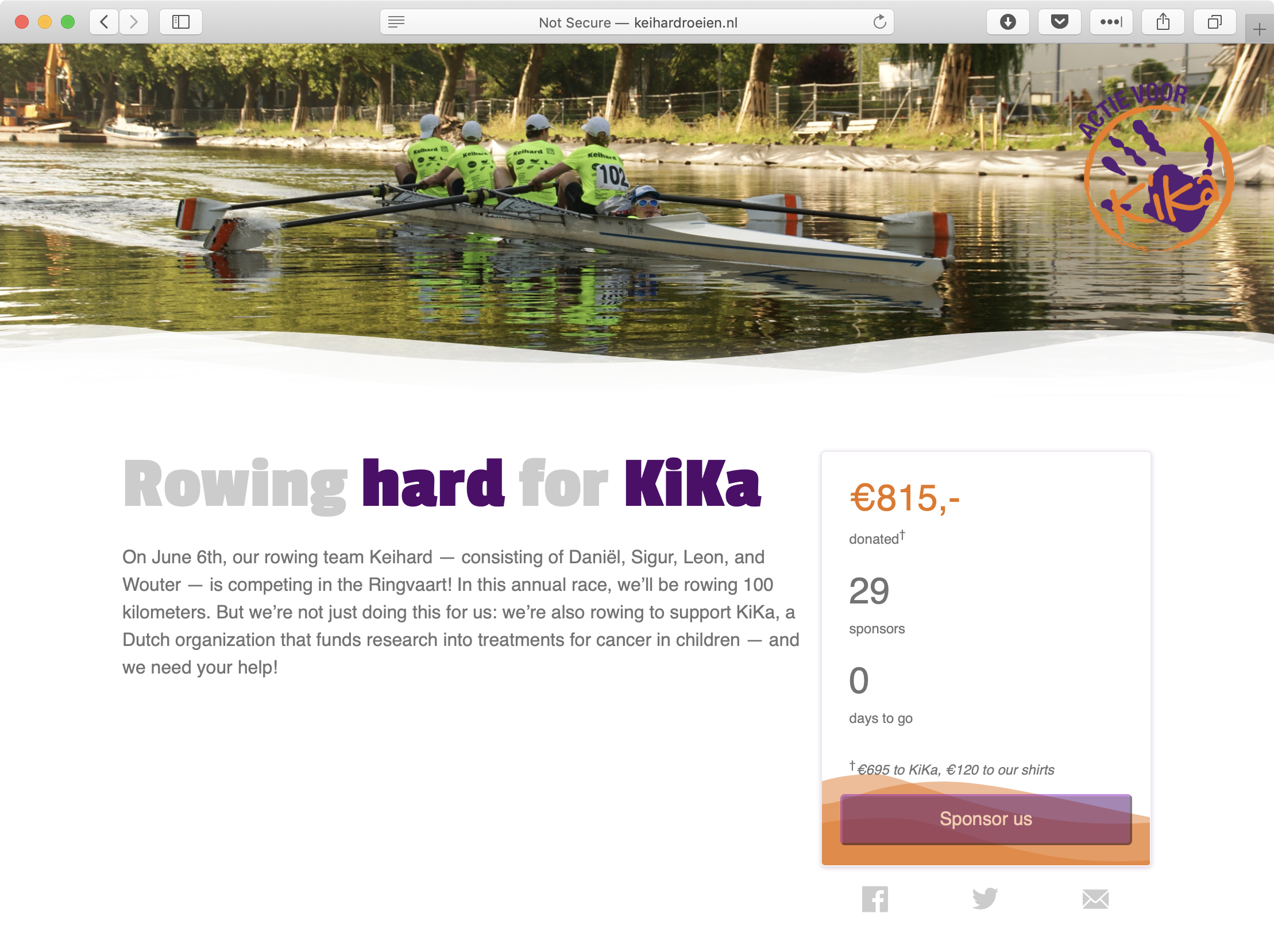 Screenshot of keihardroeien.nl, the website Wouter built for our crew.