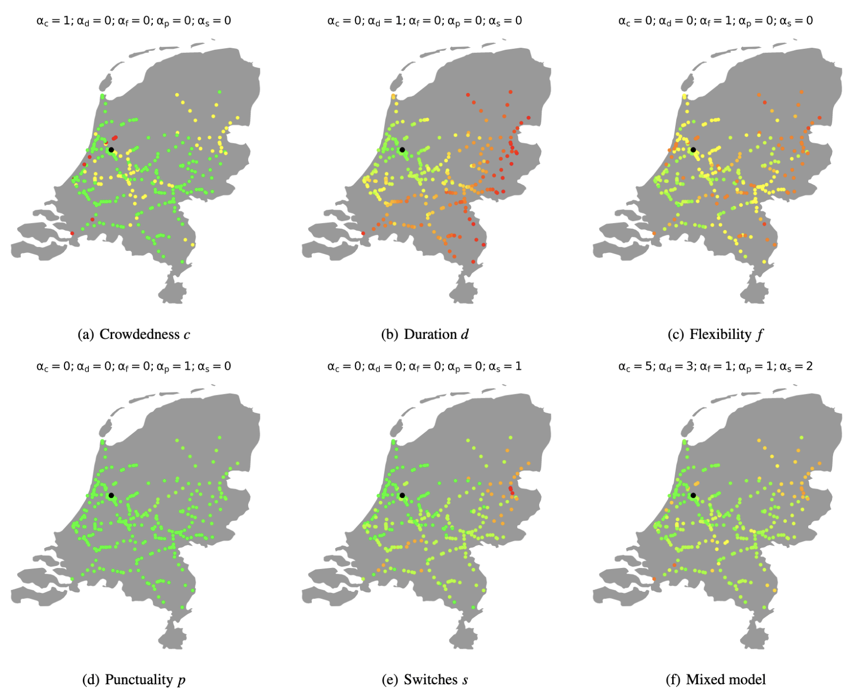 Stress maps with different settings for \( \alpha \)s; green indicates low stress and red indicates high stress. Amsterdam Central Station (ASD) is marked in black. The mixed model uses my preferences as \( \alpha \) settings.